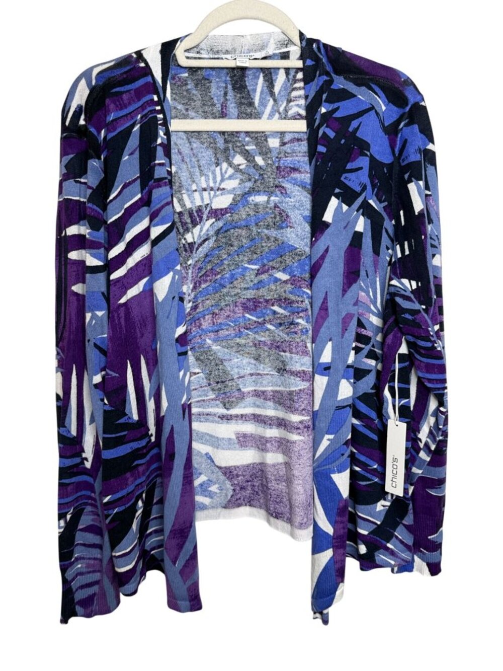 Chicos Size 4 XXL Purple Blue Abstract Print Open Front Cardigan